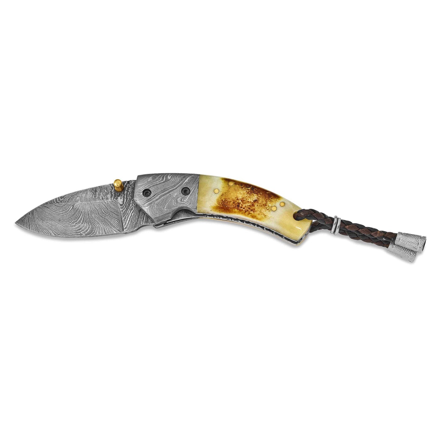 Luxury Giftware Damascus Steel 256 Layer Folding Blade Tinted Camel Bone Handle Knife with Leather Sheath and Wooden Gift Box QKN1910