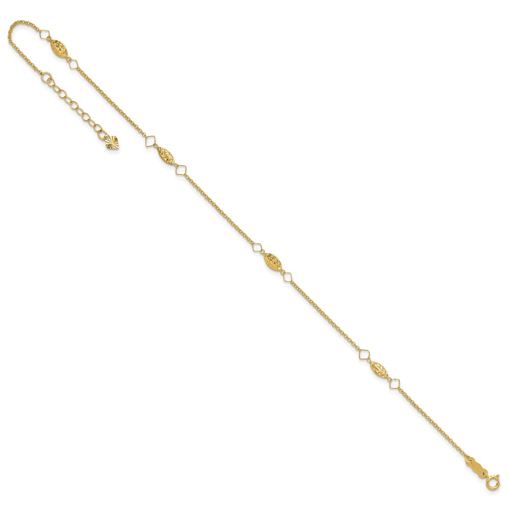 14K Circle Chain Diamond Cut Rice Puff Beads 9in Plus 1in Ext Anklet