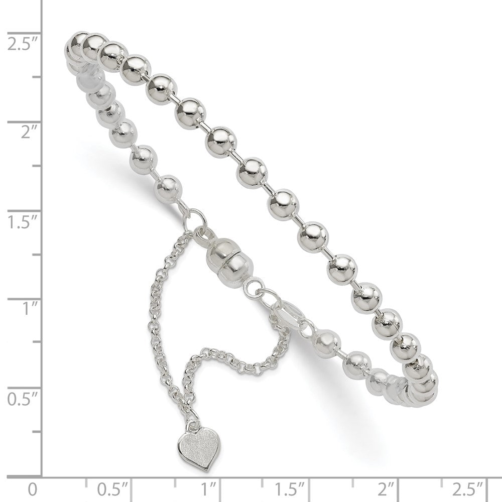 Sterling Silver Polished 4MM Beaded Dangling Heart 7.5 inch Charm Bracelet with Magnetic Clasp 7.5 inches