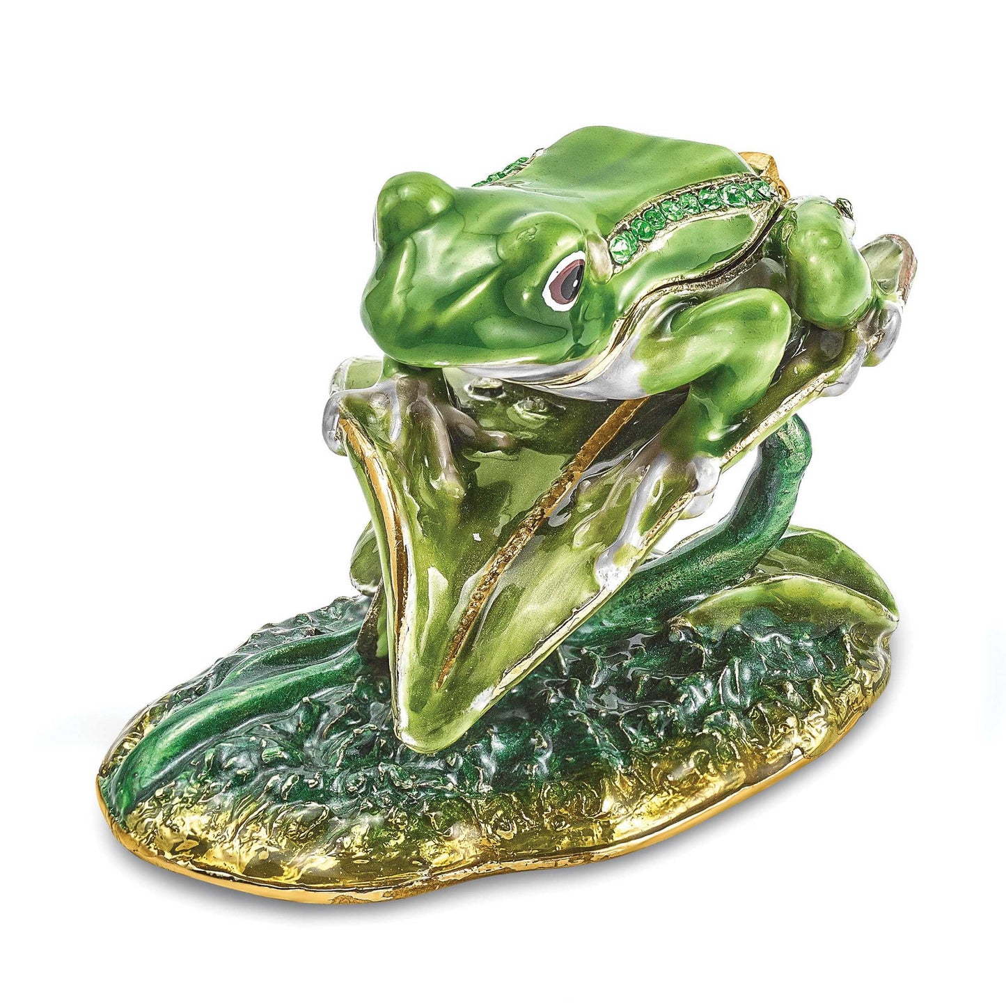 Luxury Giftware Pewter Bejeweled Crystals Gold-tone Enameled LILLY Frog on Lily Pad Trinket Box with Matching 18 Inch Necklace Q-BJ4075