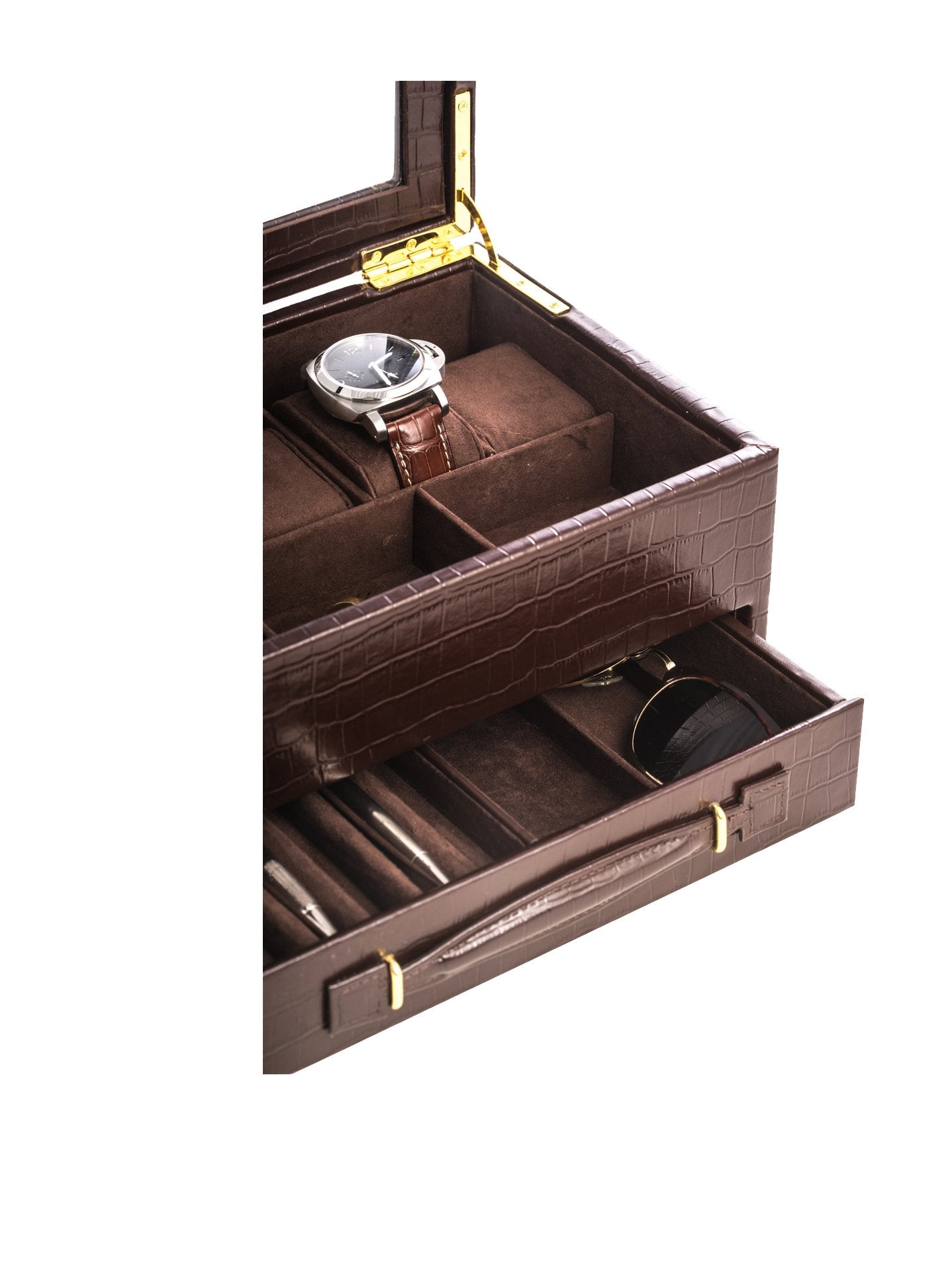 Brown Croco Texture Leather 5 Watch Box w/ Drawer Glass Top