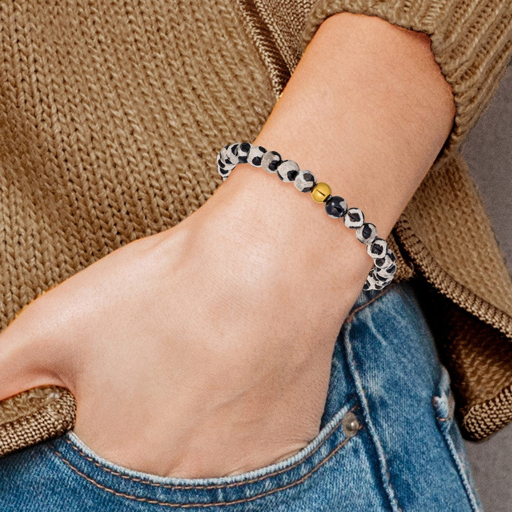 Chisel Stainless Steel Polished Yellow IP-plated 6mm Black Spot Agate Beaded 6.25 inch Stretch Bracelet 6.25 inches