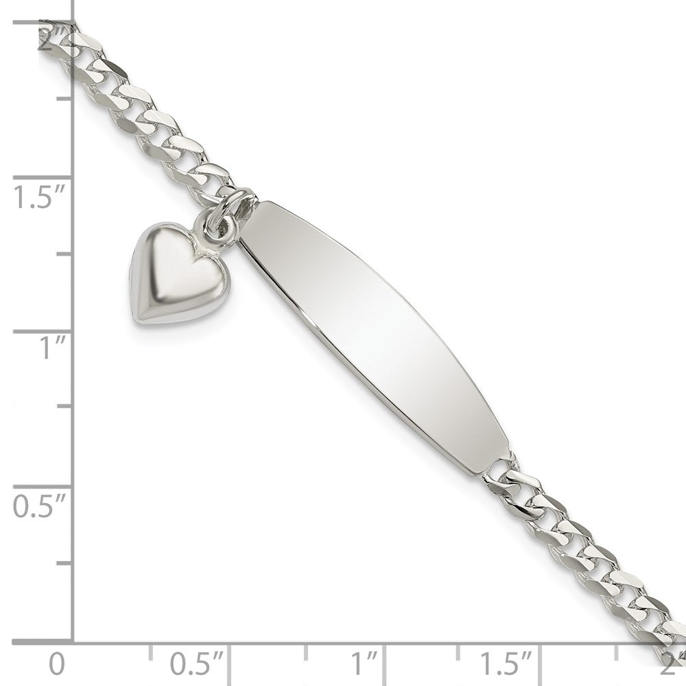 Sterling Silver Polished Curb Link ID Heart Dangle Bracelet 7.5 inches