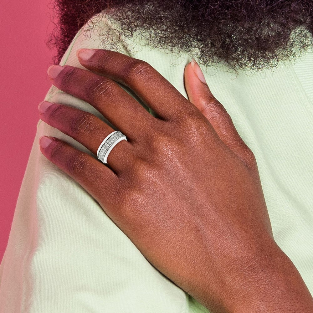 Stainless Steel Polished White Ceramic CZ Ridged edge Ring Size - 8