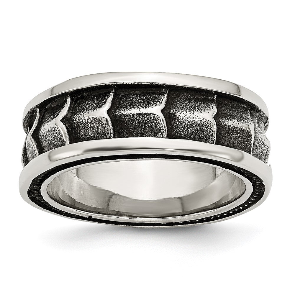 Stainless Steel Polished and Antiqued 9mm Band Size - 9