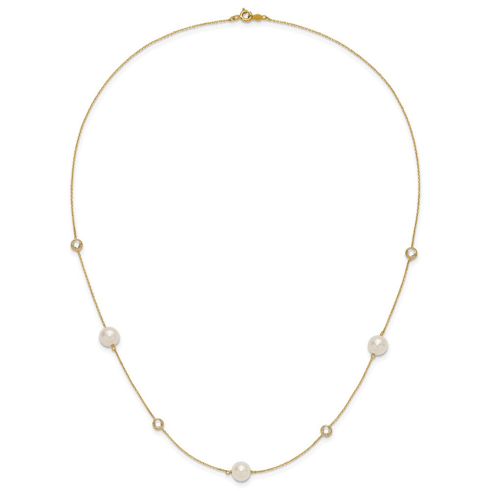 10K Polished CZ and 7-8mm FWC Pearl 7 Station Necklace