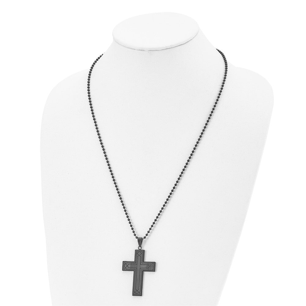 Stainless Steel Polished Black IP w/Black Carbon Fiber Cross 24in Necklace