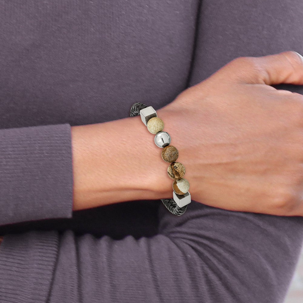 Stainless Steel Polished w/Brown Jasper Black Leather 8in Bracelet 8 inches