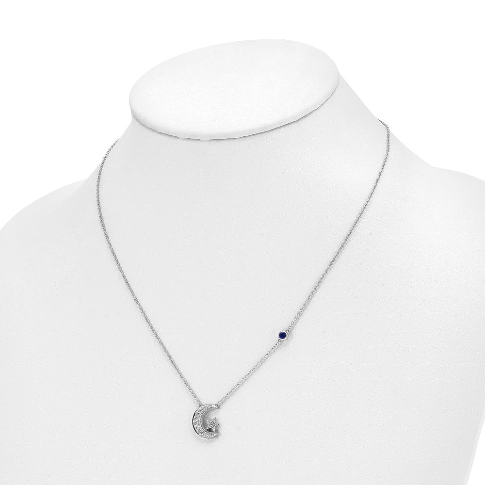 14k White Gold 1/5 carat Lab Grown Diamond VS/SI+ G+ Moon and Star with Created Sapphire Accent 18 inch Necklace