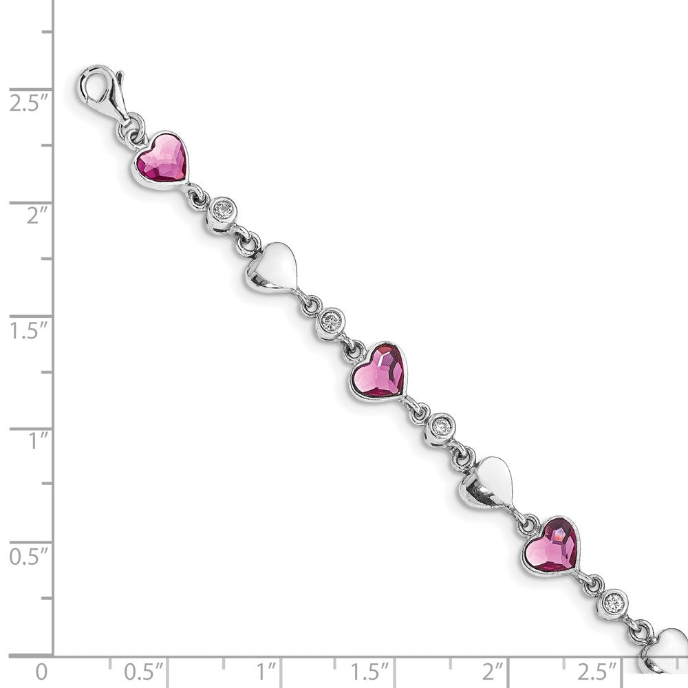 Sterling Silver Rhodium Plated Clear Crystals Pink Heart Crystals and Polished Hearts 6.5 inch Bracelet with 1 inch extension 6.5 inches