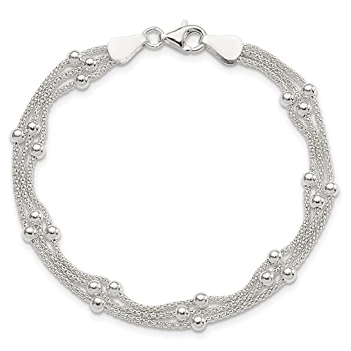 Sterling Silver Polished Beaded 3-strand Bracelet 7 inches