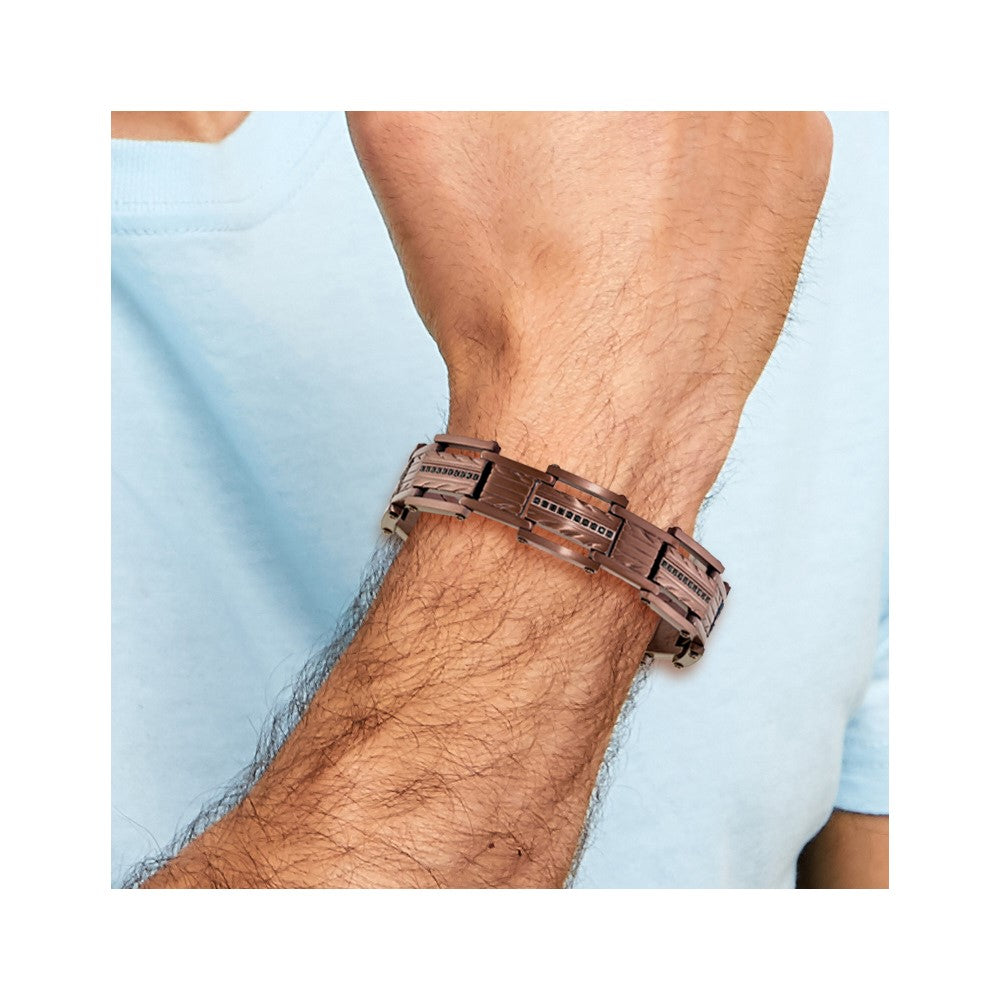 Stainless Steel Brushed and Textured Brown IP w/Black CZ 8.25in Bracelet 8.25 inches