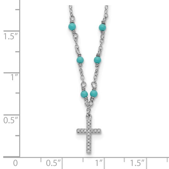 Sterling Silver RH-plated CZ Cross Synth. Turquoise 2in ext Necklace 16 Inches