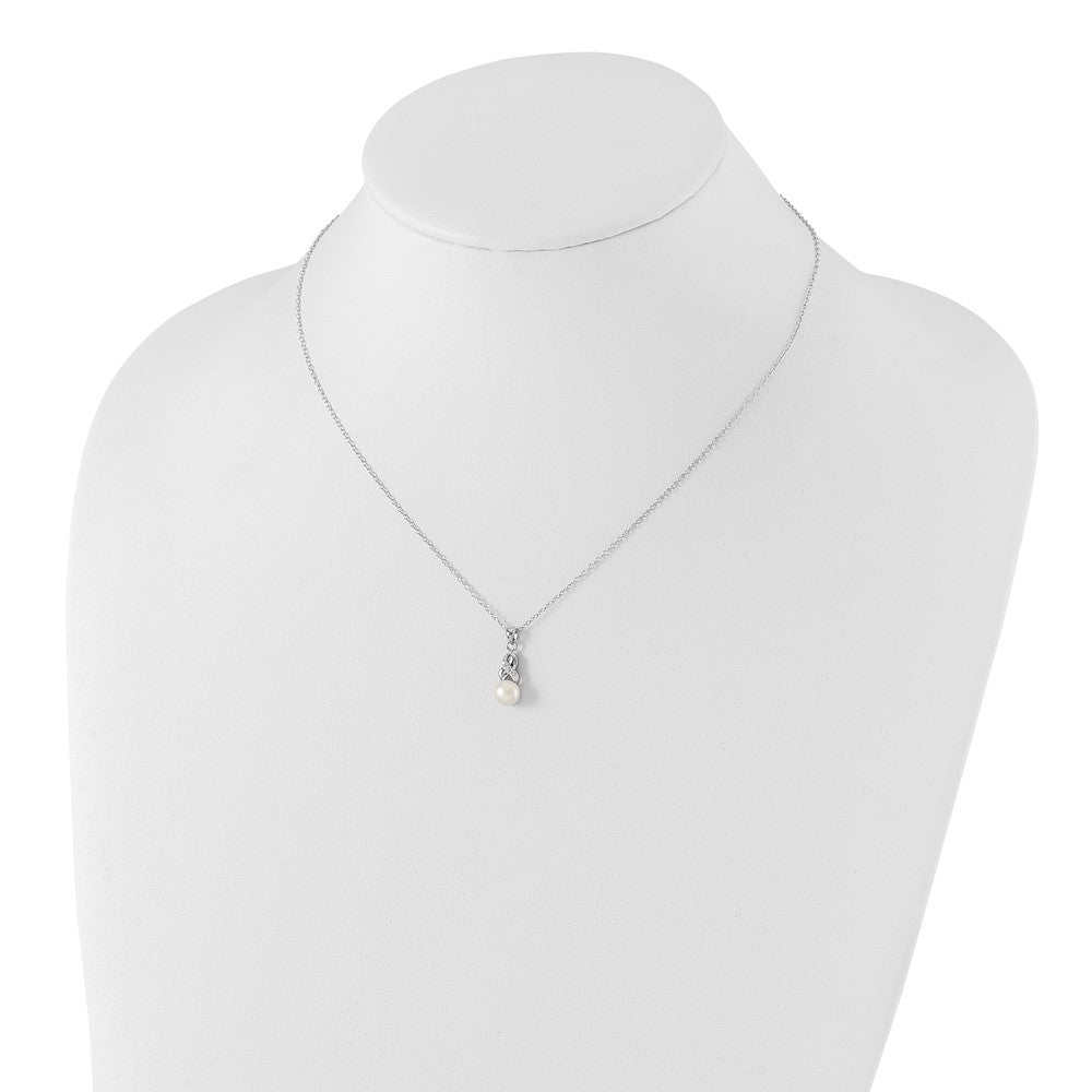 Sterling Silver Rhodium-plated 6-7mm White Near-Round Freshwater Cultured Pearl and CZ 17 inch Necklace 17 Inches