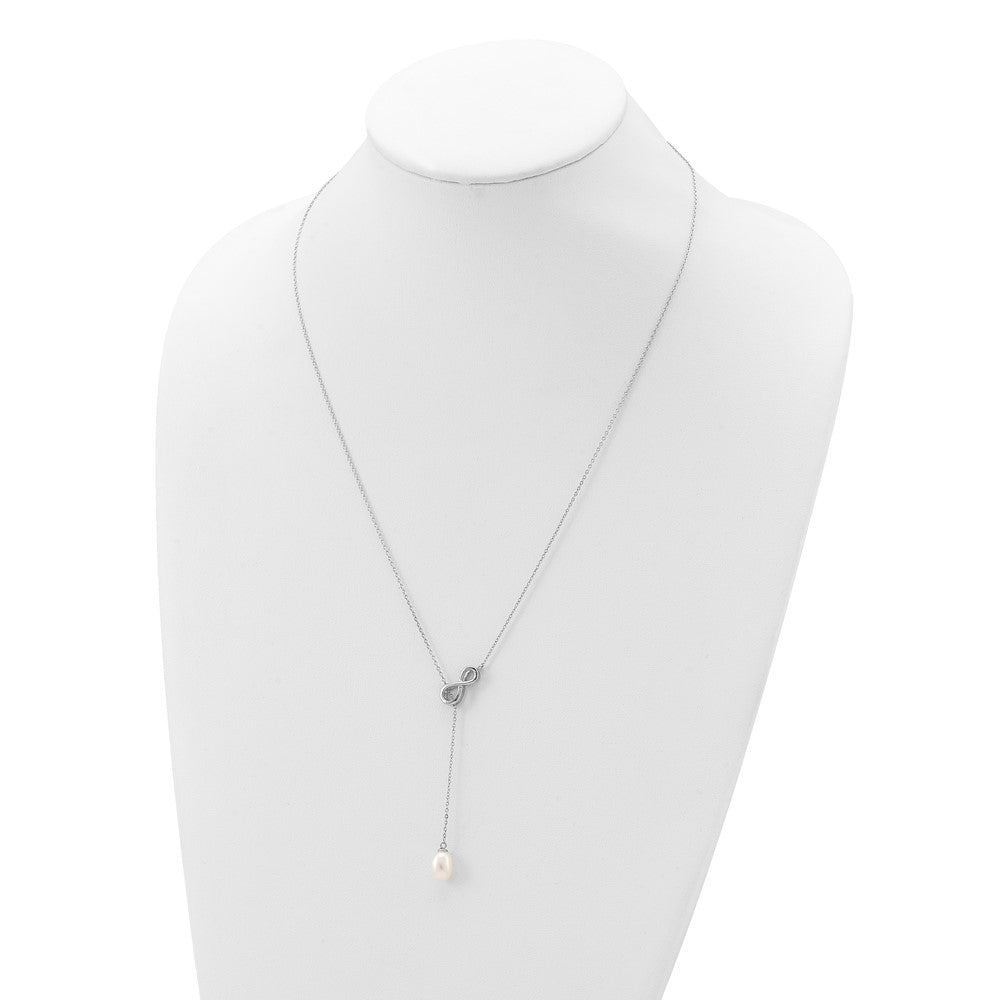Sterling Silver Rhodium-plated 7-8mm White Teardrop Freshwater Cultured Pearl Infinity Lariat Drop 24 inch Necklace 24 Inches