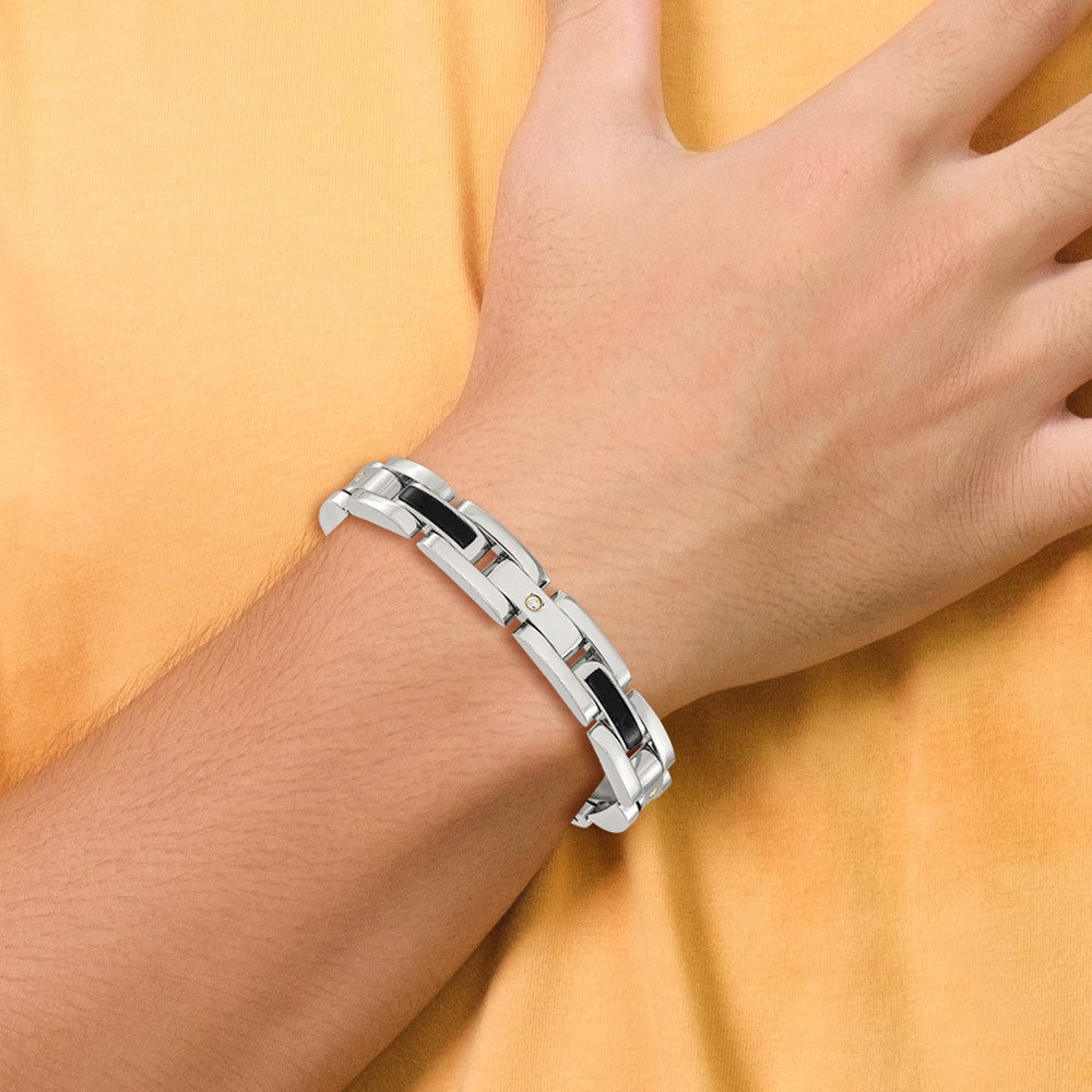 Chisel Stainless Steel Polished with 14K Gold Accent and 1/20ct. Diamond and Onyx 8.25 inch Link Bracelet 8.25 inches