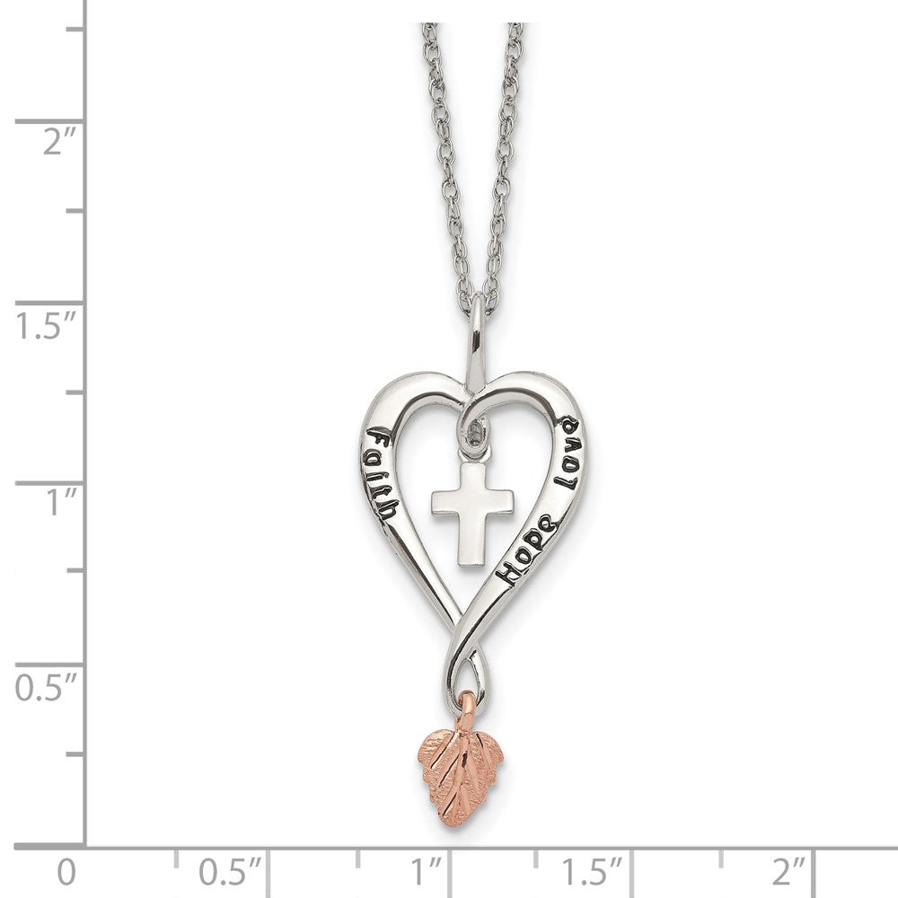 Landstrom's Mt. Rushmore Black Hills Sterling Silver 12K Gold Accents Antiqued FAITH HOPE LOVE Heart with Cross and Leaf Dangle 18 inch Spring Ring Clasp Necklace 18 Inches