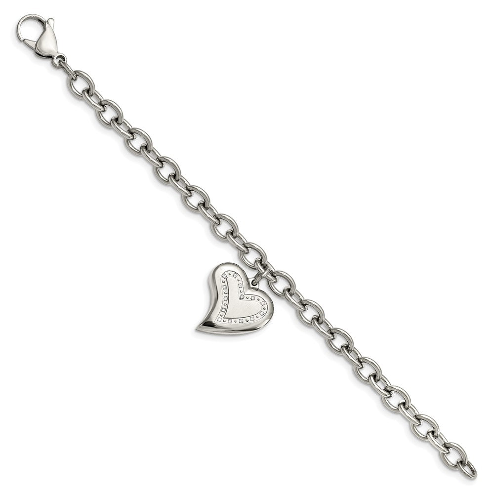 Stainless Steel Polished w/CZ Heart Charm 7.5in Bracelet 7.25 inches