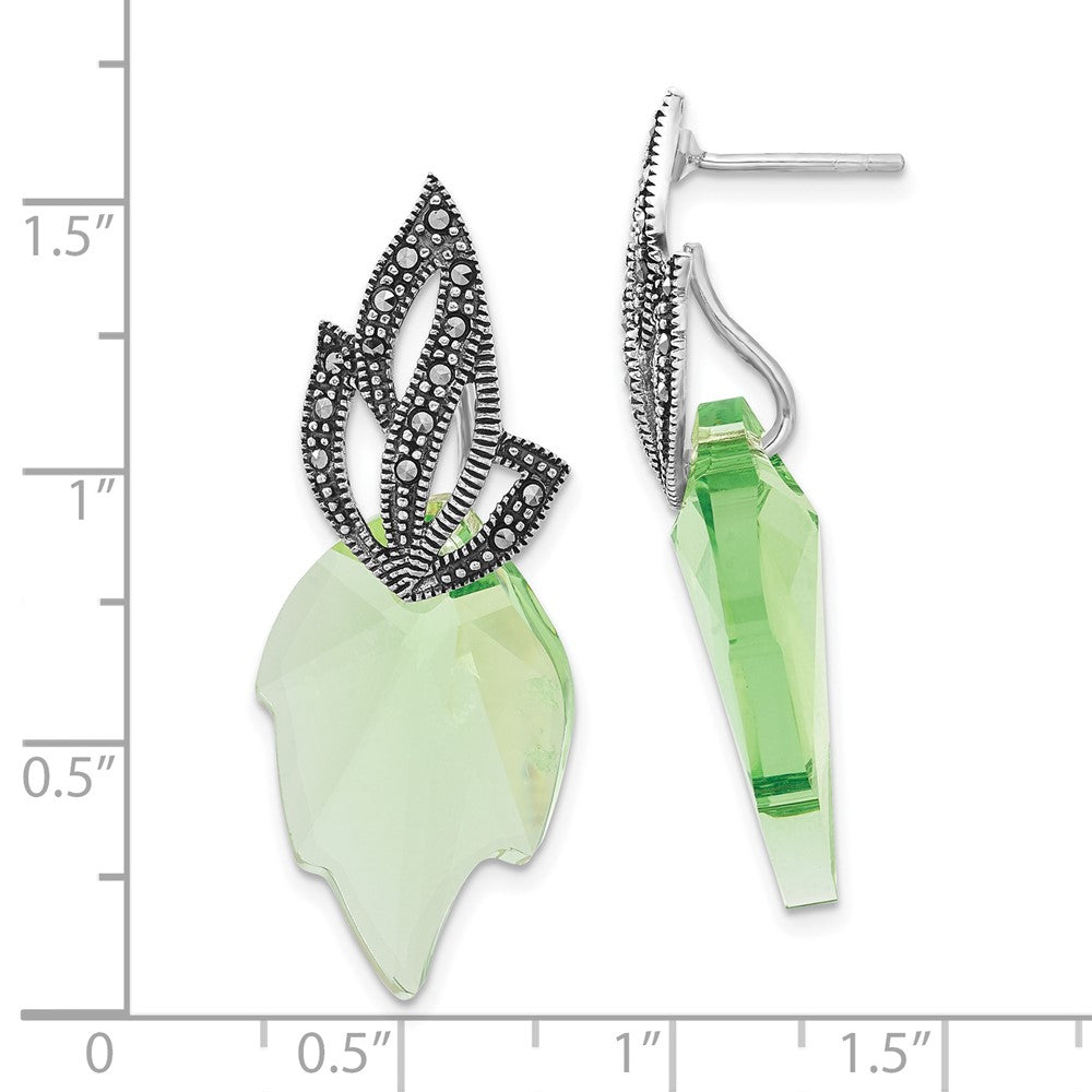 Sterling Silver Polished & Antiqued Marcasite & Crystal Leaf Post Dangle Earrings