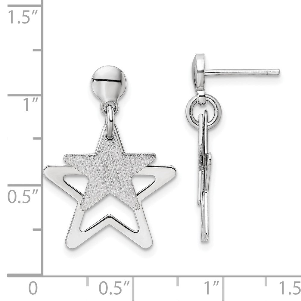 Sterling Silver Rhodium-plated Satin Star in Star Dangle Post Earrings