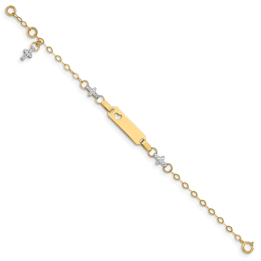 14k Two-tone Polished Textured Cross and Cut-out Heart 18x5mm Plate 6 inch Baby/Child ID Bracelet with 1 inch Extender