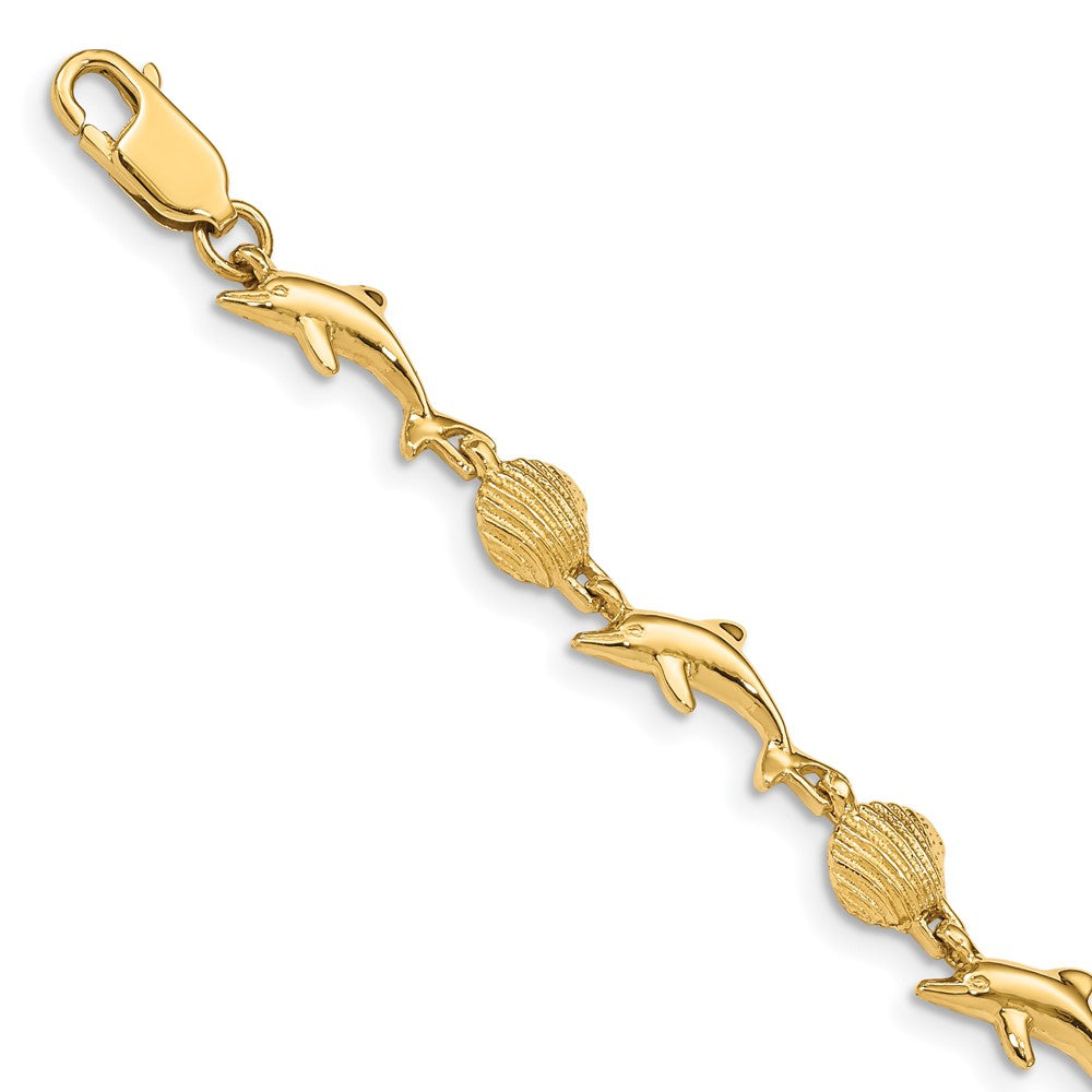 14K Dolphin and Shell Bracelet 7 inches