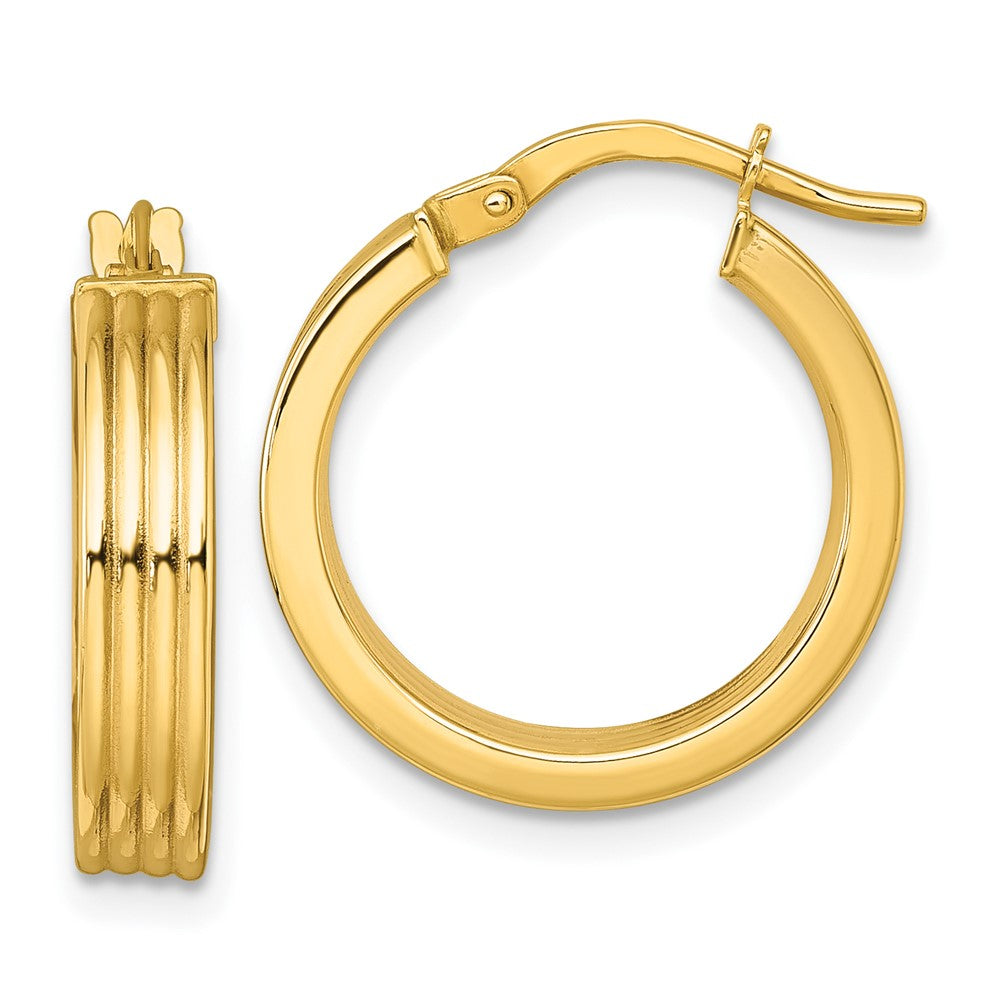 10K Polished and Grooved 4.00 x 18mm Tube Hoop Earrings