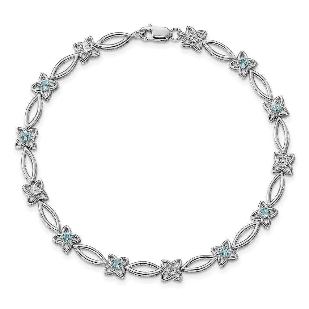 Sterling Silver Rhodium-plated Blue Topaz & Diamond Bracelet 7 inches