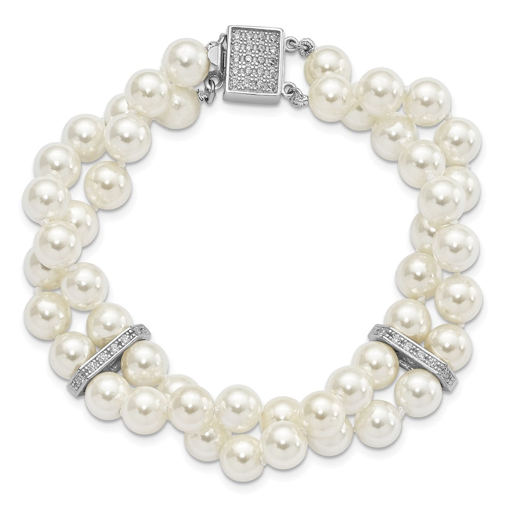 Majestik Sterling Silver Rhodium-plated 7-8mm White Imitation Shell Pearl and CZ Hand-knotted Bracelet 7.5 inches