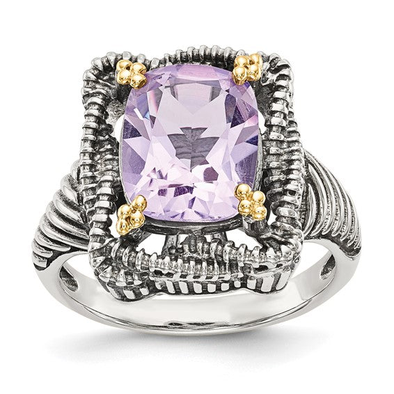Shey Couture Sterling Silver with 14K Accent Antiqued Cushion Pink Quartz Ring
