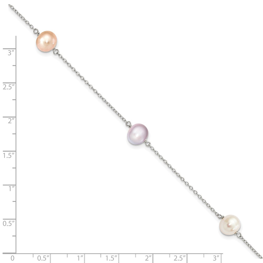 Sterling Silver Rhodium-plated 7-8mm White, Pink and Purple Semi-Round Freshwater Cultured Pearl 3-Station 7.5 inch Bracelet 7.5 inches