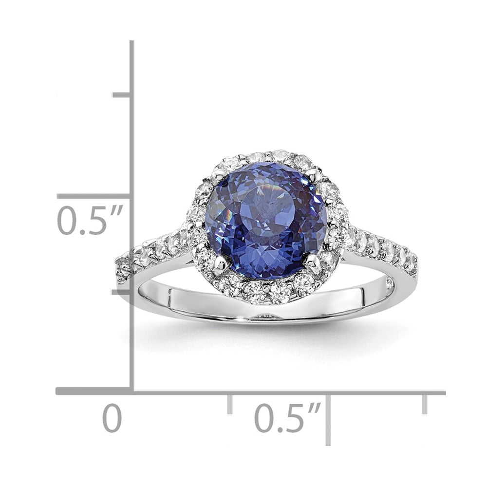Sterling Silver Rhodium-plated Round Blue Center and CZ Halo Ring