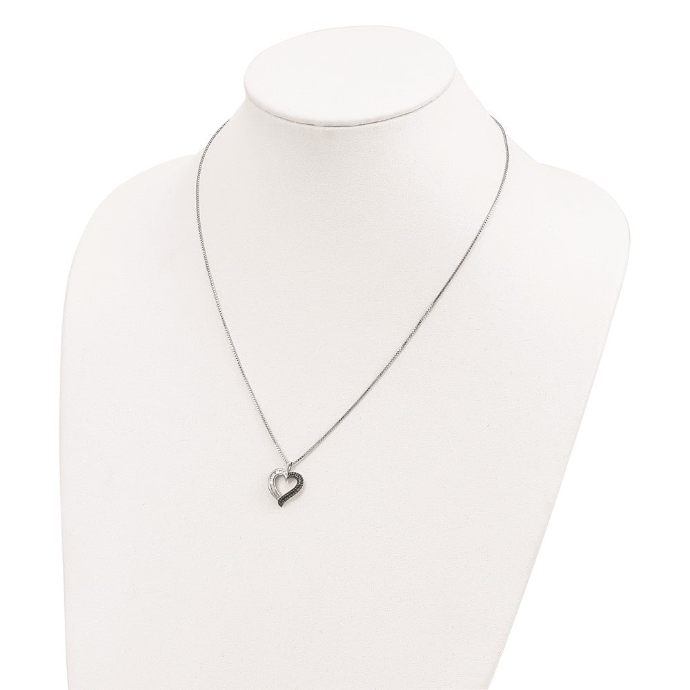 White Night Sterling Silver Rhodium-plated Black and White Diamond Heart 18 Inch Necklace with 2 Inch Extender 18 Inches