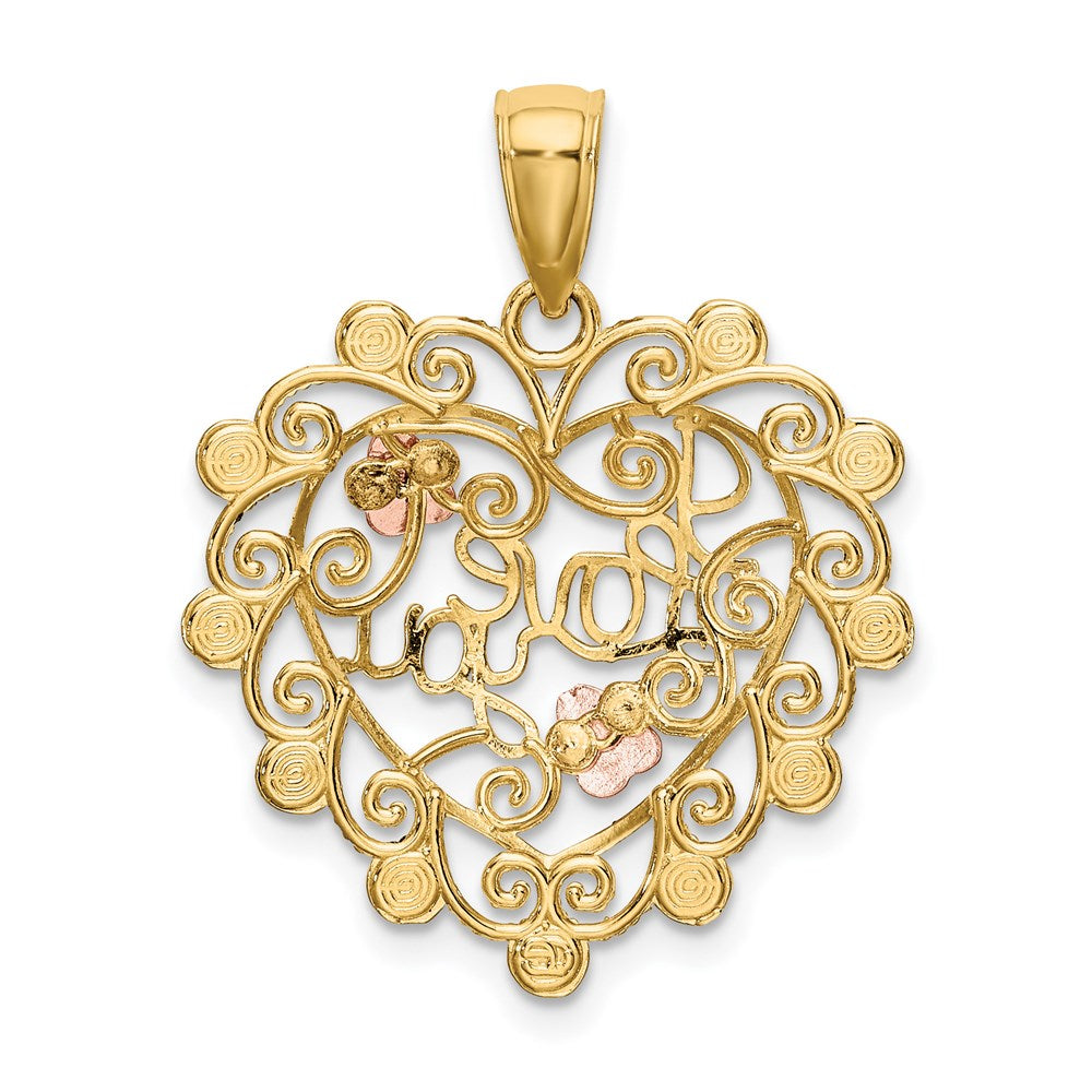 14k Two-tone w/White Rhodium I LOVE YOU Filigree Heart Flower Charm