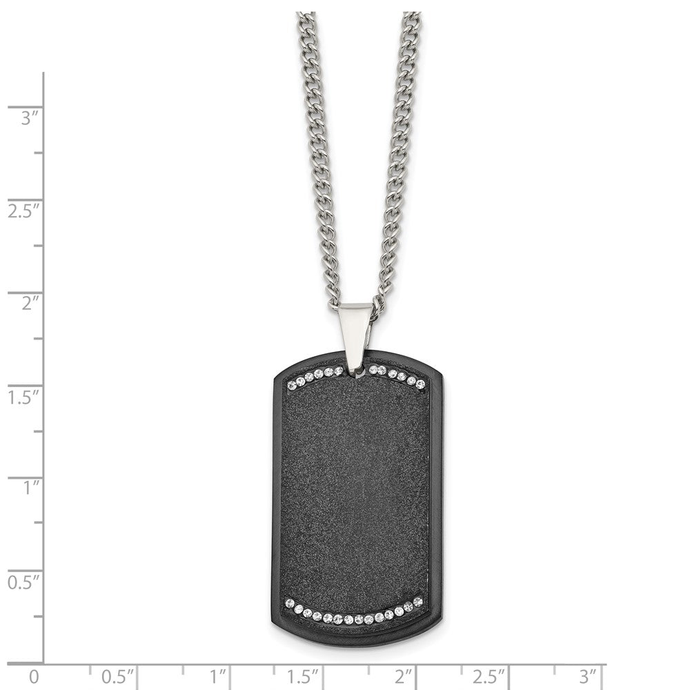 Stainless Steel Brushed Laser Cut Black IP-plated w/CZ Dog Tag Necklace