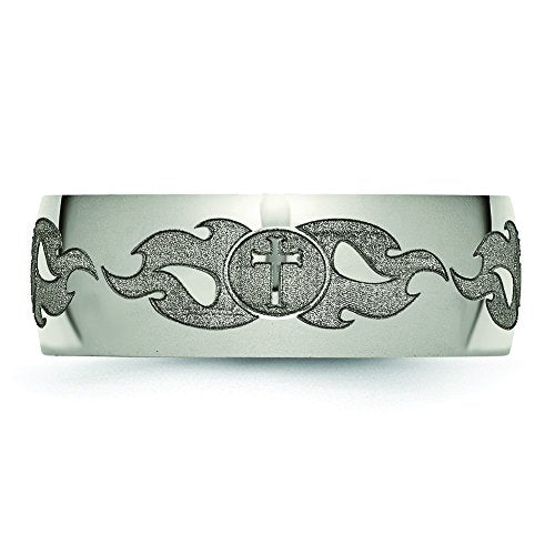 Titanium Polished Cross w/Flames Laser Design 8mm Band Size - 8