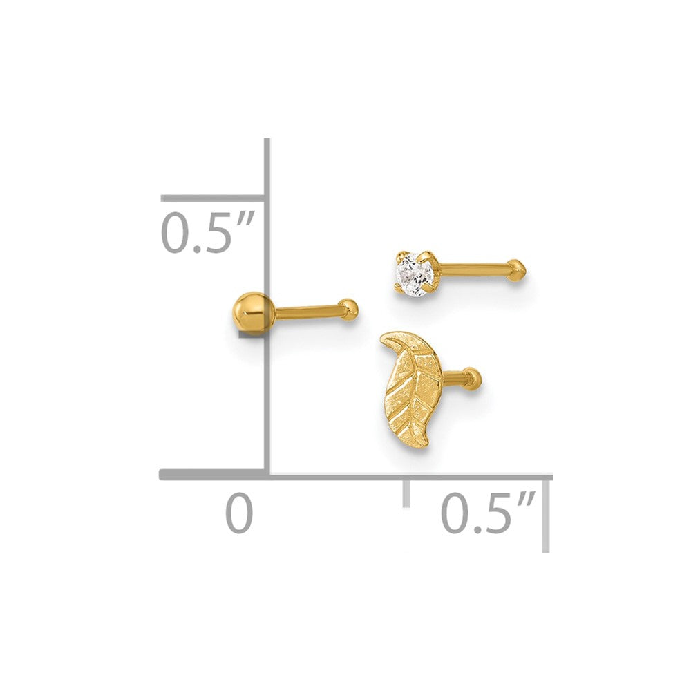 14K Gold 22 Gauge Leaf, Ball & CZ Nose Post Set