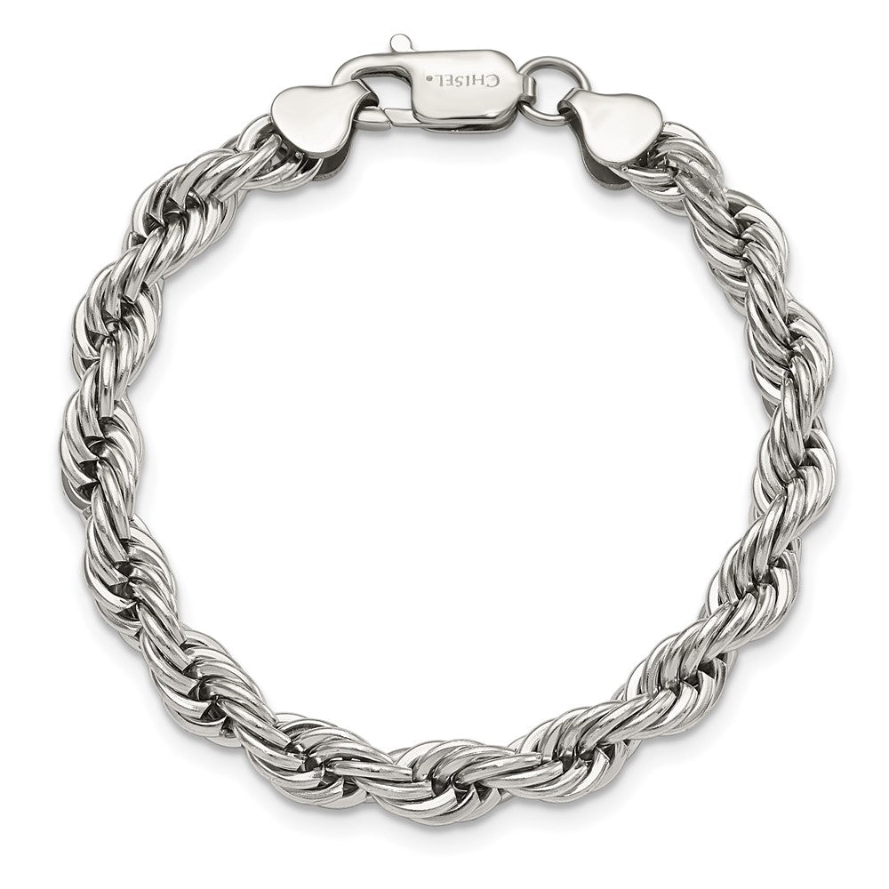 Stainless Steel Polished 7mm 7.25in Rope Bracelet 7.25 inches