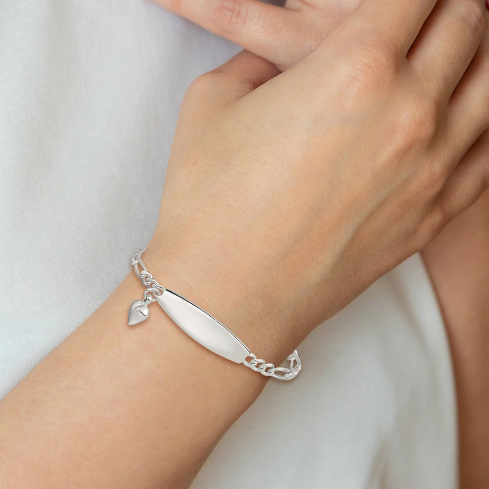Sterling Silver ID with Heart Figaro Link Bracelet 7 inches
