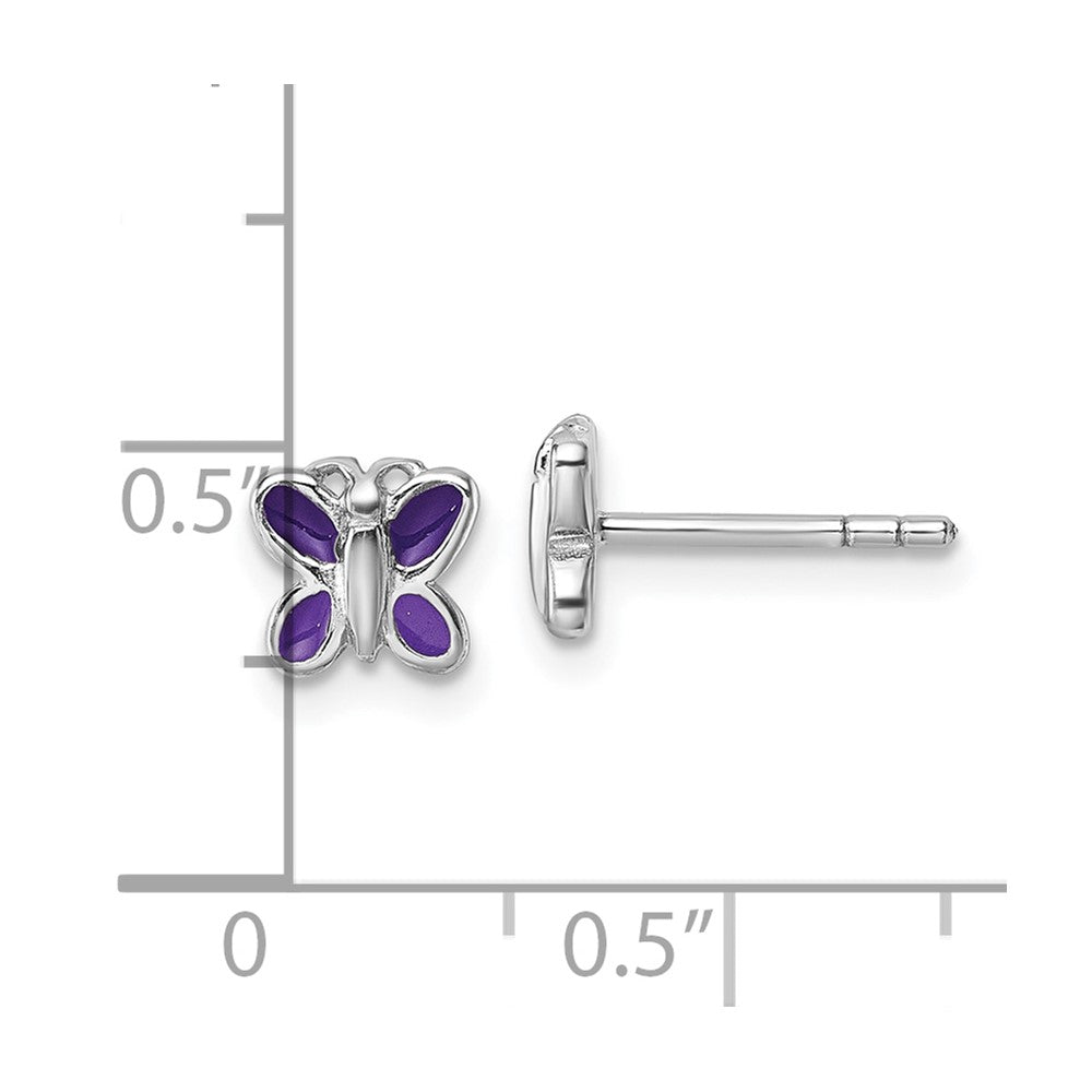 Sterling Silver Rhodium-plated Children's Purple Enamel Butterfly Post Earrings