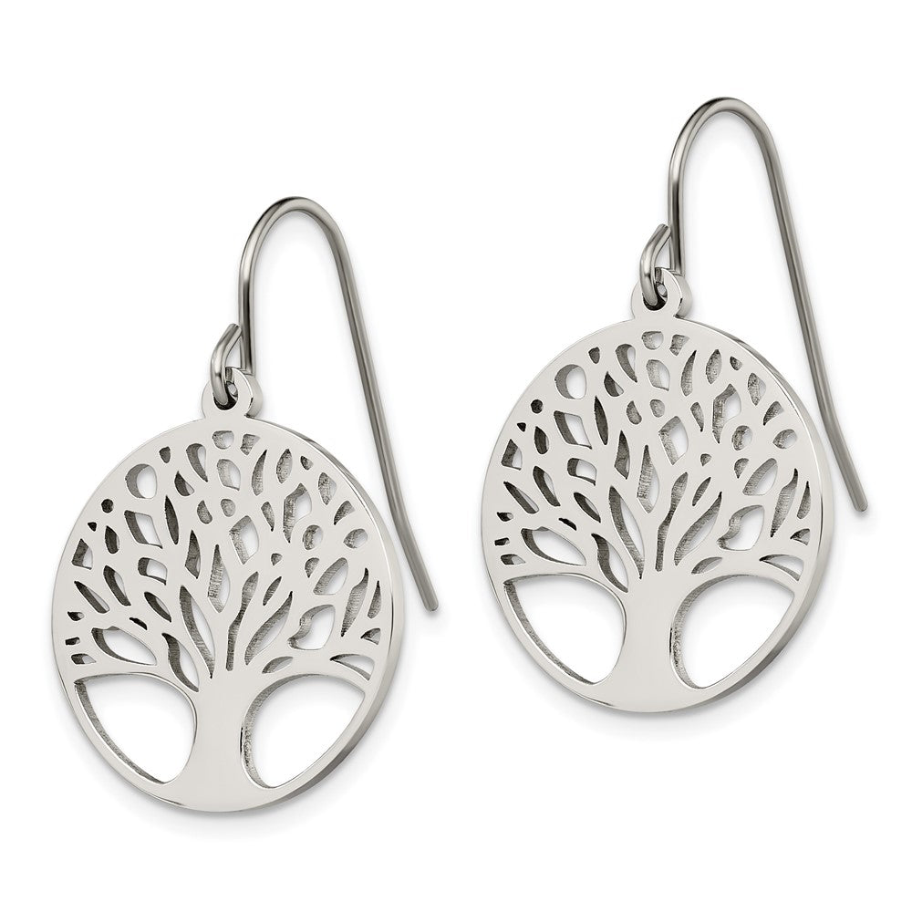 Stainless Steel Polished Tree of Life Cut-out Shepherd Hook Earrings