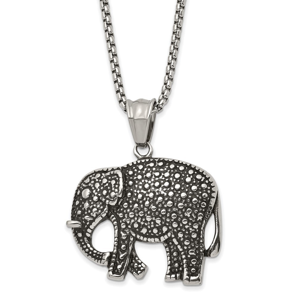 Stainless Steel Antiqued and Polished Elephant 24in Necklace