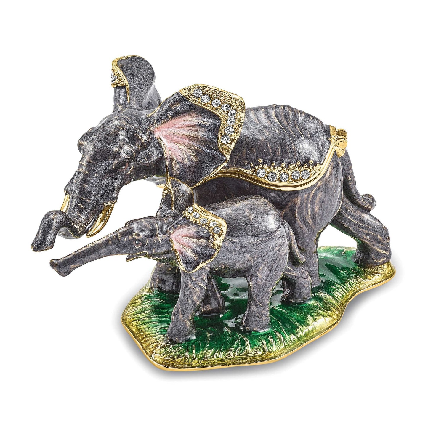 Luxury Giftware Pewter Bejeweled Crystals Gold-tone Enameled ELLA & ELI Mom & Baby Elephant Trinket Box with Matching 18 Inch Necklace Q-BJ4069