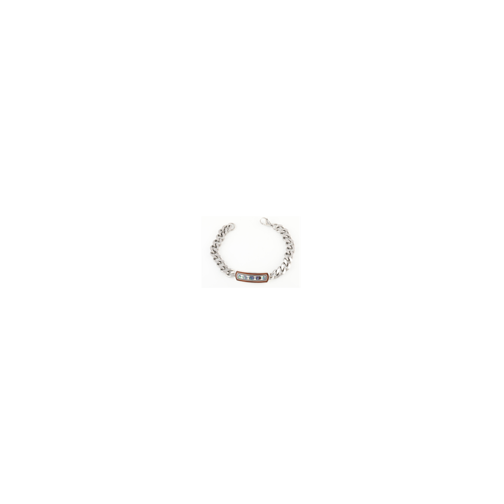 SS BLK ENAMEL ABALONE KOA INLAY ID BRACELET w/ 8.5 ST STEEL CHAIN