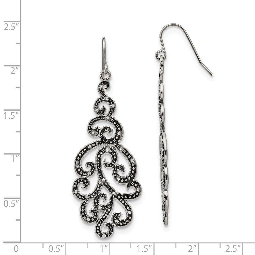 Stainless Steel Antiqued & Polished Crystal Shepherd Hook Earrings