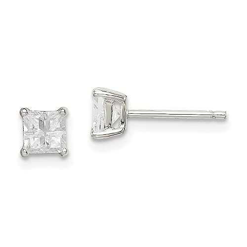 Sterling Silver 4mm Square Cross-cut CZ Basket Set Stud Earrings