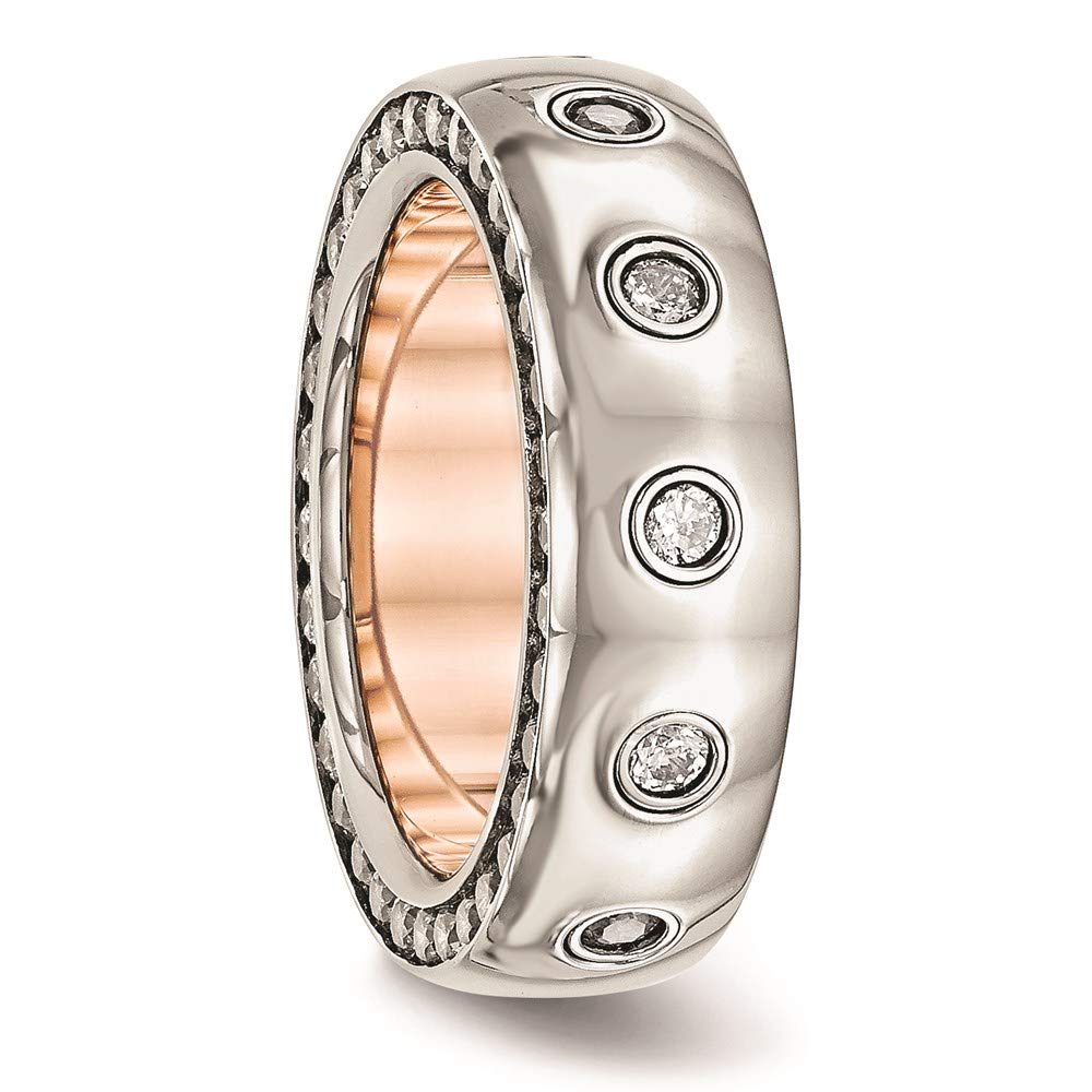 Stainless Steel Polished Rose IP-plated Inside w/CZ Half Round 7mm Band Size - 8