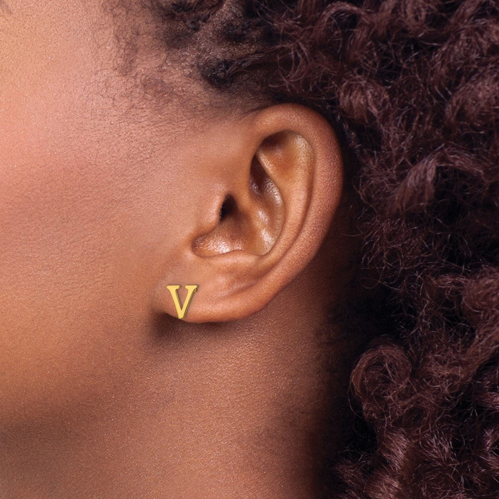 Sterling Silver Gold-plated Letter V Initial Post Earrings