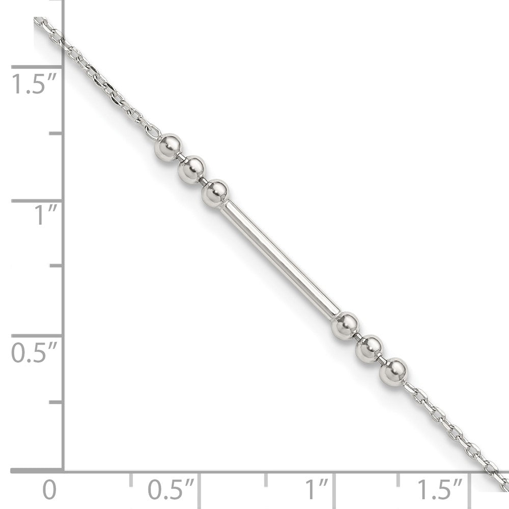 Sterling Silver Polished Beads and Bar 9 inch with 1 inch Extension Anklet