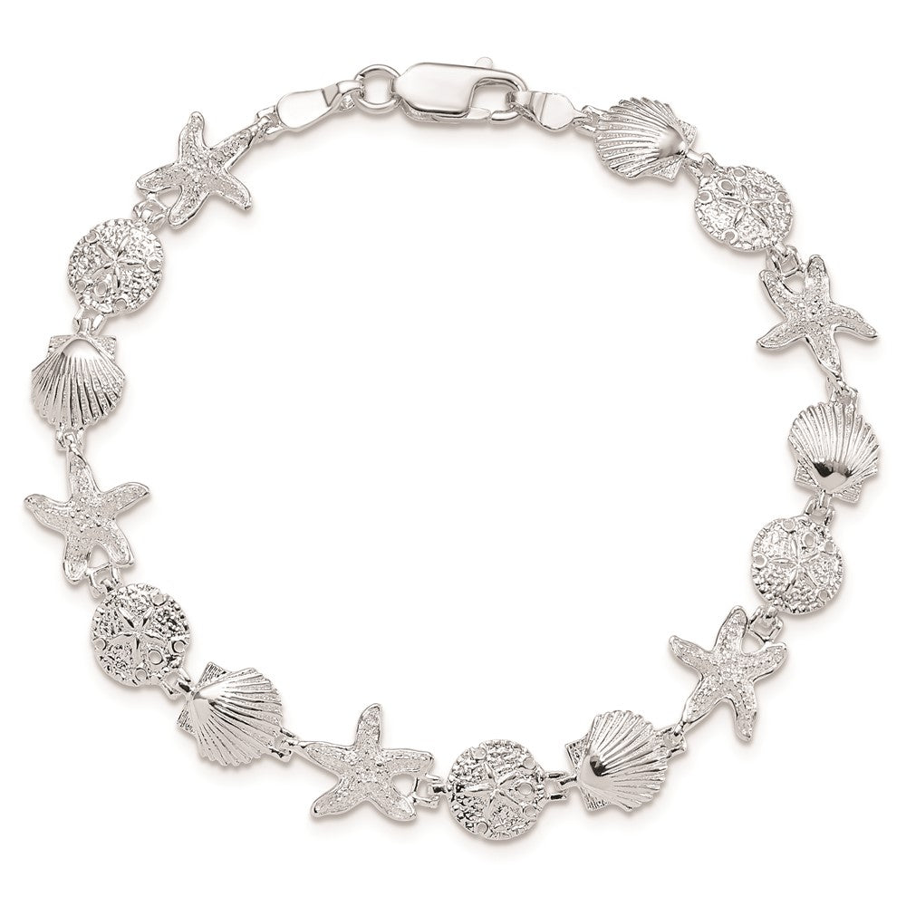 De-Ani Sterling Silver Rhodium-Plated Polished Sand Dollar / Shell / Starfish Bracelet 7.25 inches